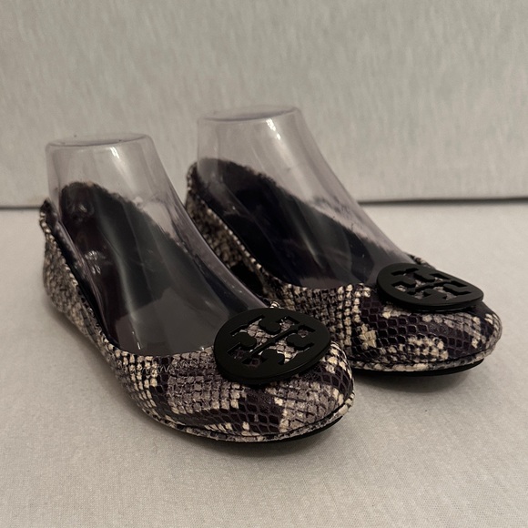 Tory Burch Black & Cream Snake Pattern Ballet Flats Roccia Snake Python Womens 6 - Picture 2 of 15